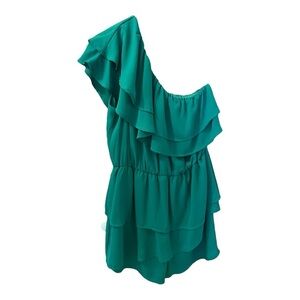 Main Strip Asymmetry One Shoulder Romper, Size L, Green, Ruffled.